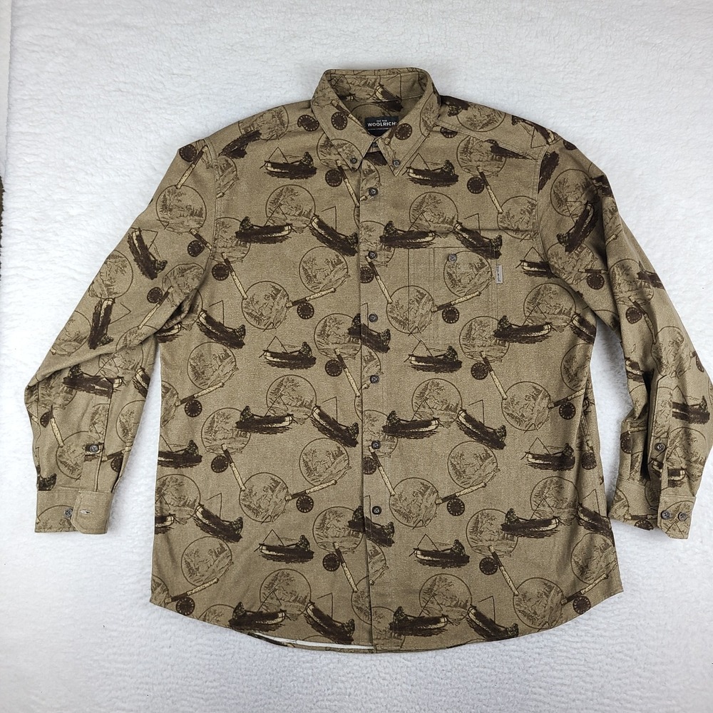 Woolrich Shirt Mens XL Brown Dark Wheat Fisherman 100% Cotton‎ Button Up